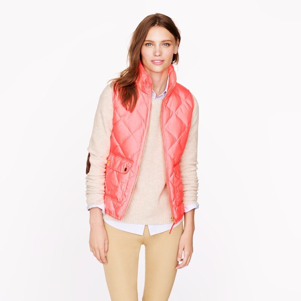 J.Crew Neon flamingo pink peach excursion feather quilted vest 00 0 XXS